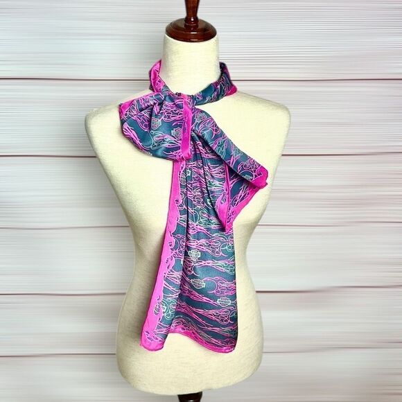 Harley Davidson Silk Scarf Magenta Charcoal Hand Rolled 11,5x58 inches - Picture 3 of 12